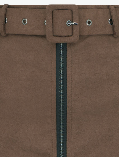 Jupe crayon taille haute en suédine à zip - Marron - 3