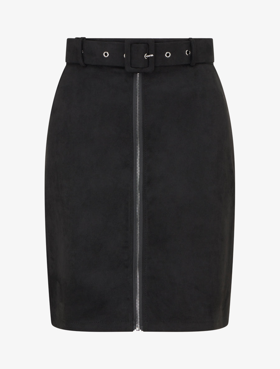 Jupe crayon taille haute en suédine à zip - Noir - 1