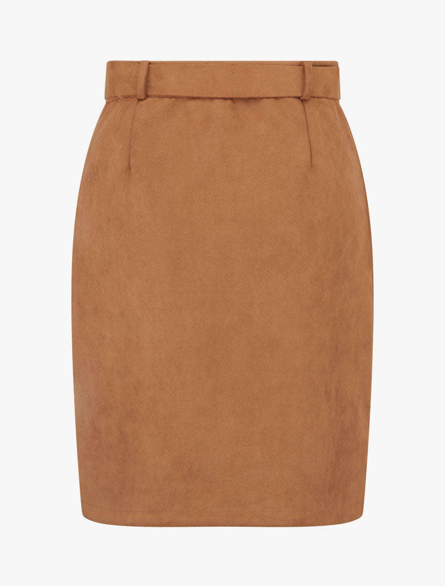Jupe crayon taille haute en suédine à zip - Camel - 2