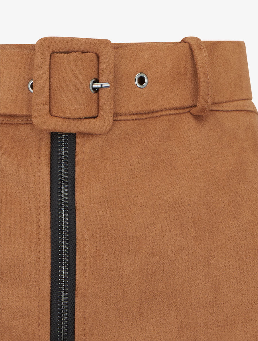 Jupe crayon taille haute en suédine à zip - Camel - 3
