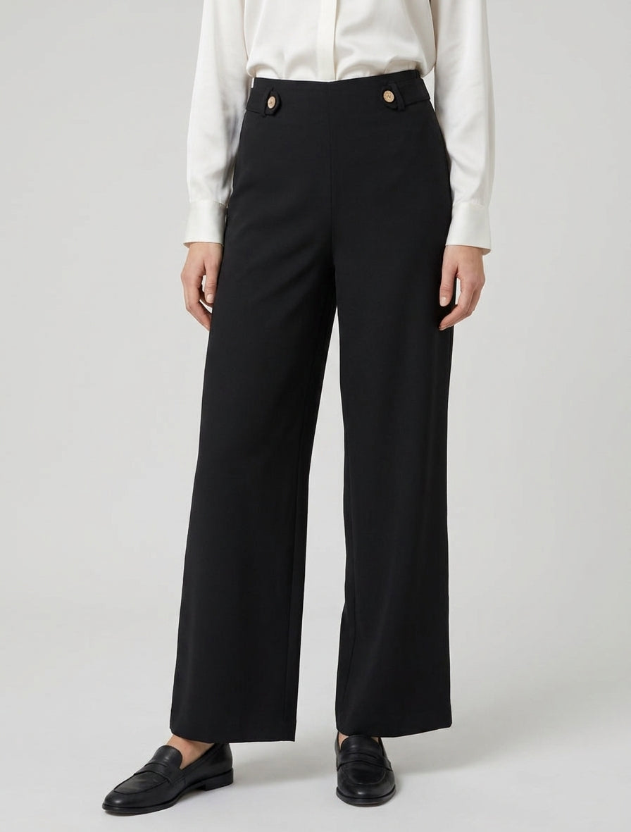 Pantalón ancho de cintura alta con botones decorativos - Negro