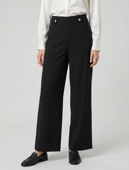 Pantalón ancho de cintura alta con botones decorativos - Negro