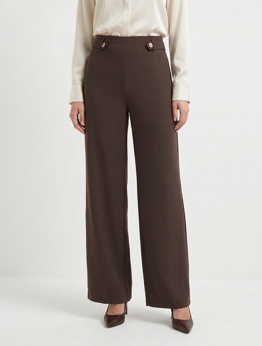 Pantalón ancho de cintura alta con botones decorativos - Chocolate