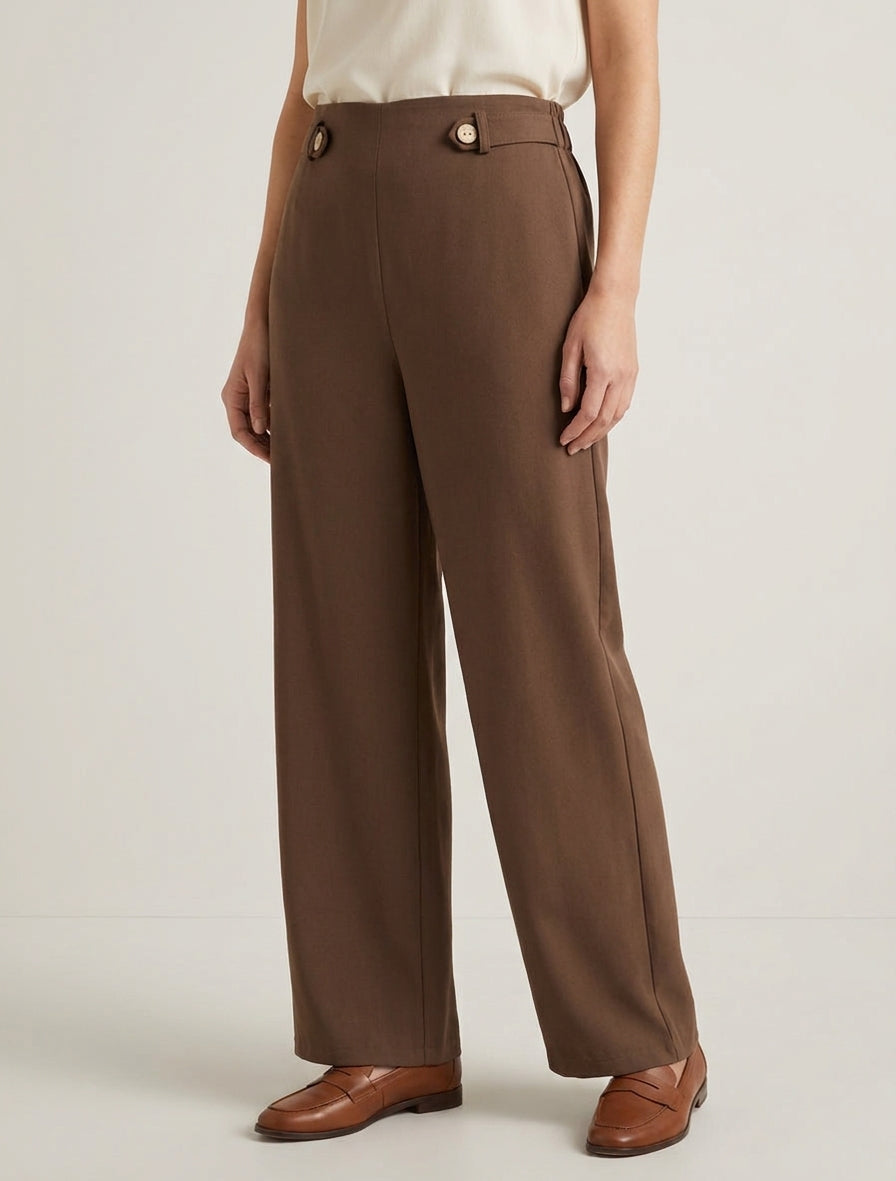 Pantalón ancho de cintura alta con botones decorativos - Marrón