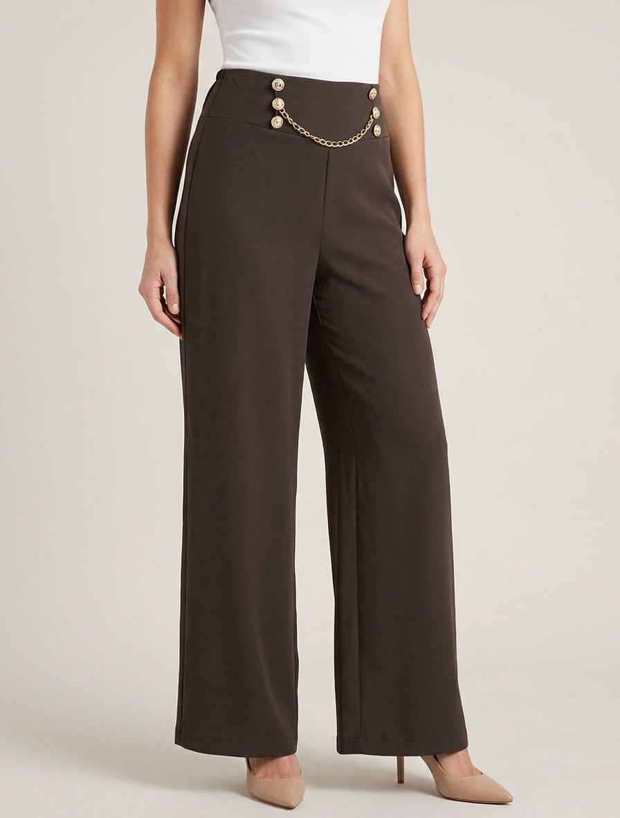 Pantalón de cintura alta con botones y cadena - Marrón