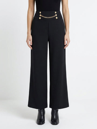 Pantalón de cintura alta con botones y cadena - Negro