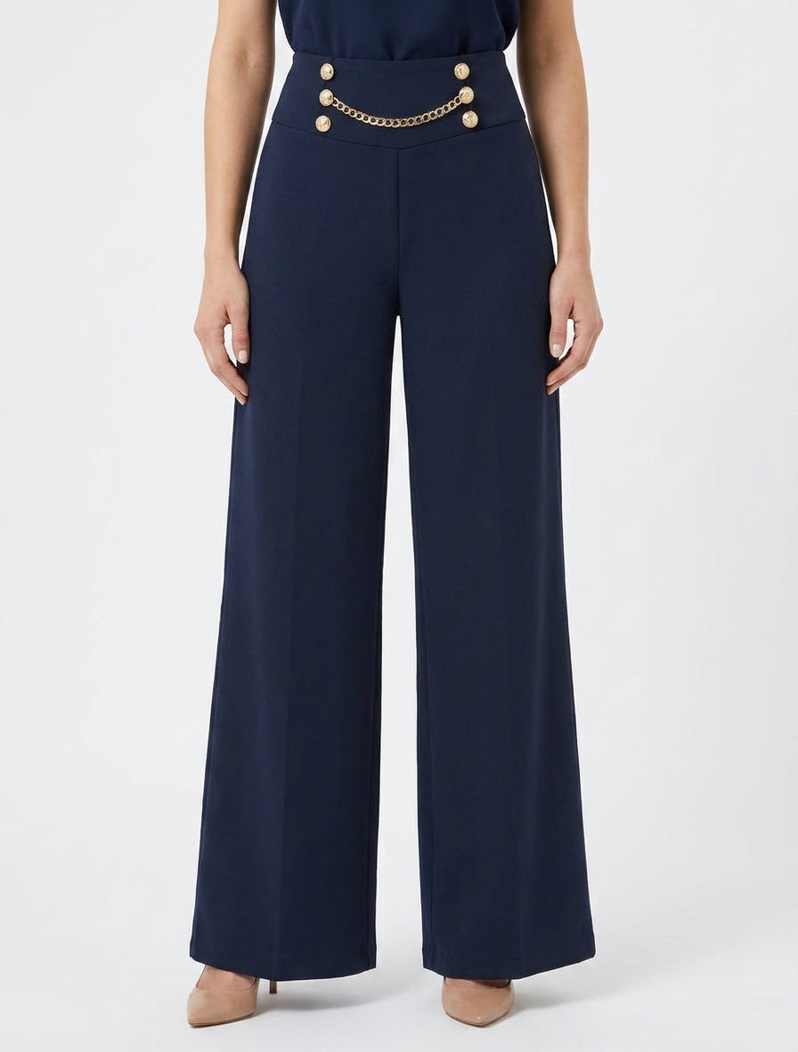 Pantalón de cintura alta con botones y cadena - Marine