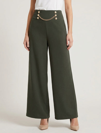 Pantalón de cintura alta con botones y cadena - Caqui