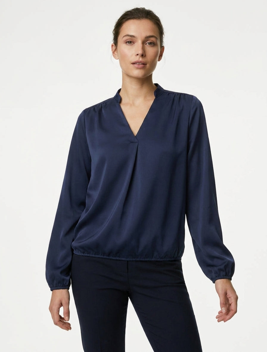 Top satinado de manga larga y cuello en V - Marine