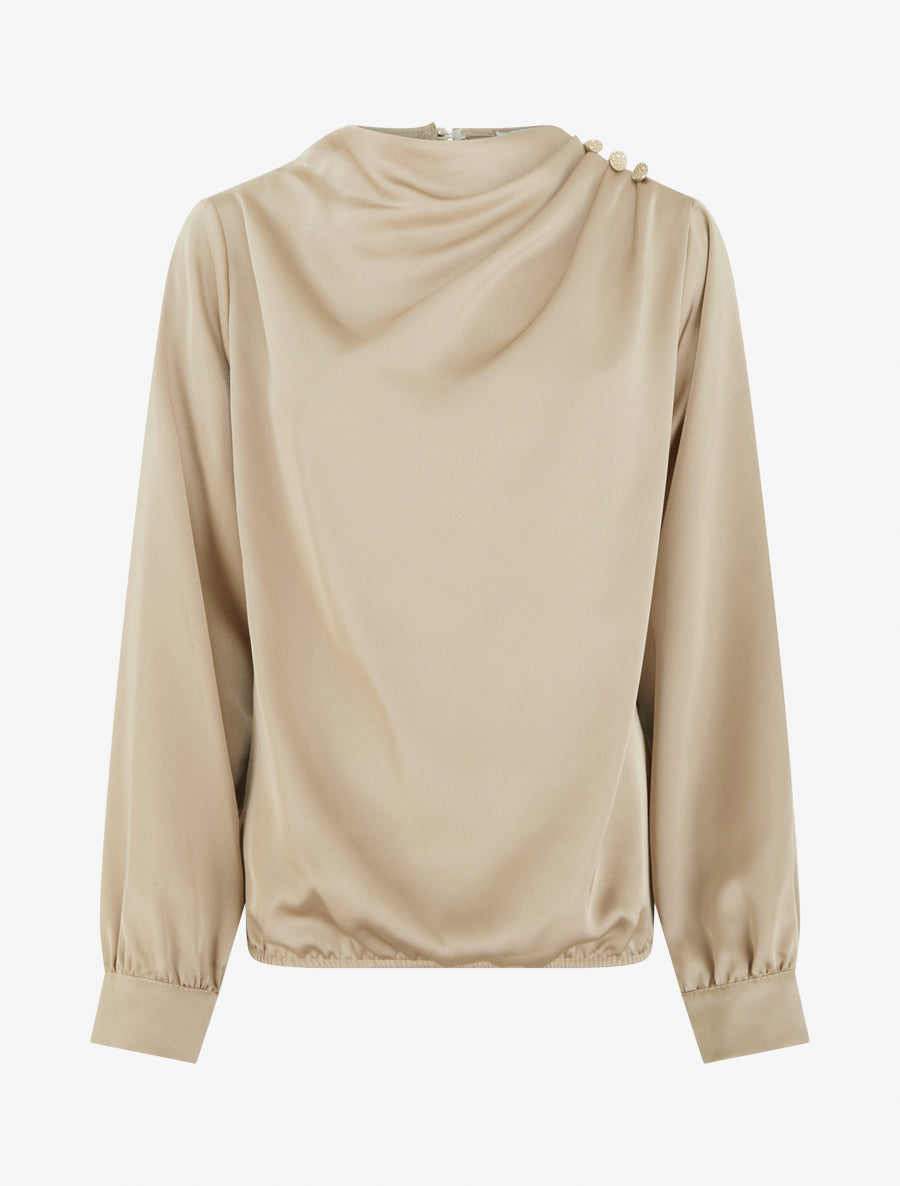 Top boule satiné à col bénitier et boutons - Beige - 1