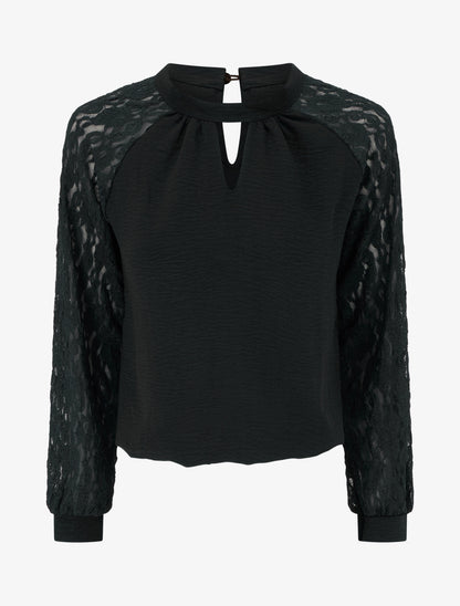 Top à manches raglan en dentelle et col ajouré - Noir - 1