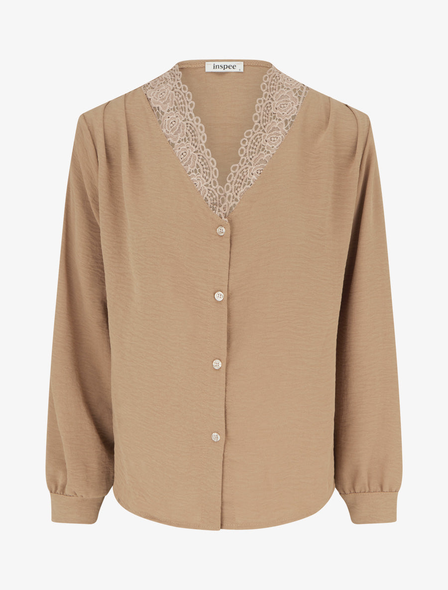 Blouse droite à col V en dentelle - Beige foncé - 1