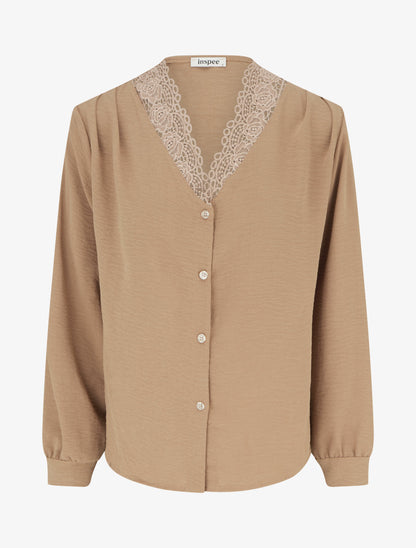 Blouse droite à col V en dentelle - Beige foncé - 1