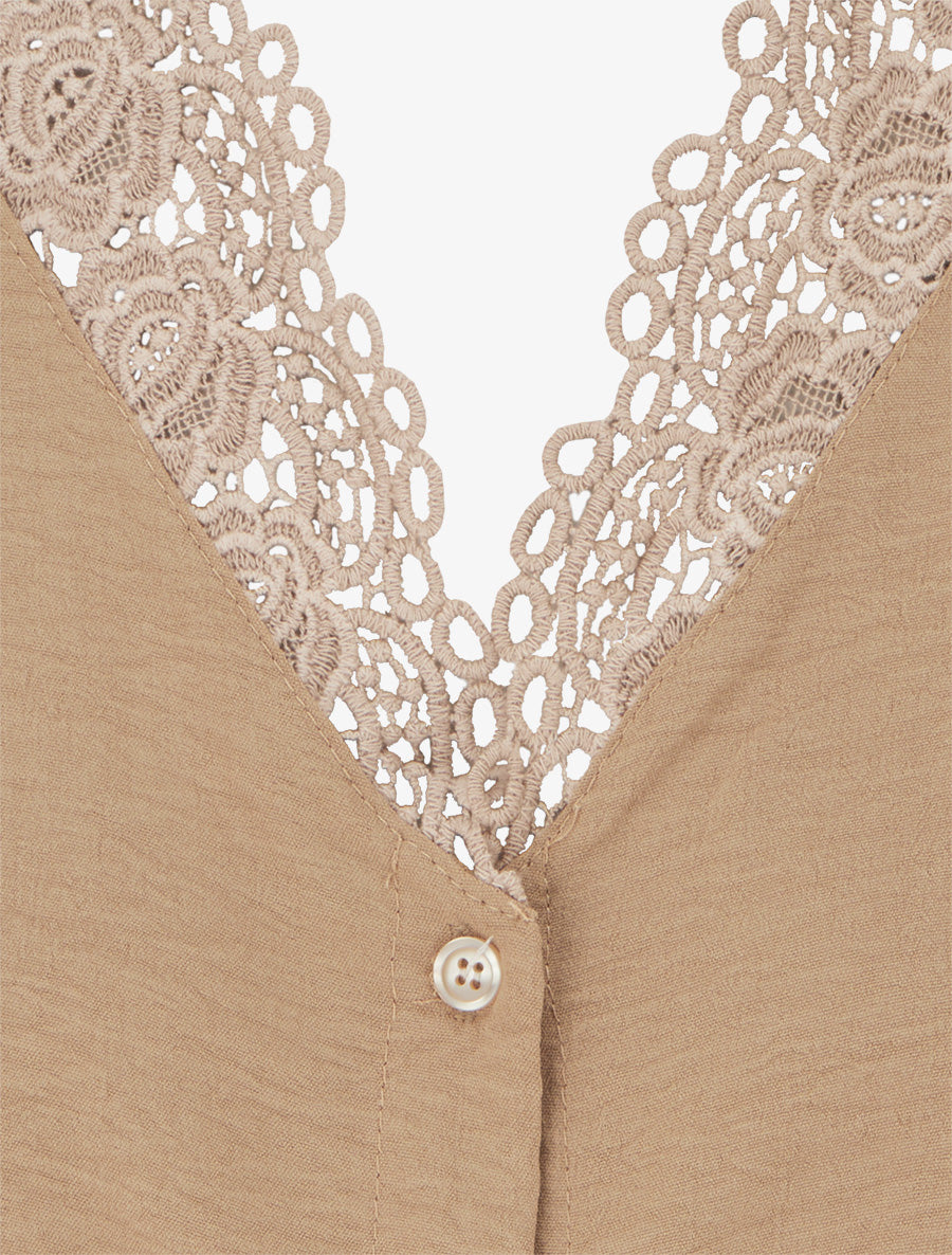 Blouse droite à col V en dentelle - Beige foncé - 3