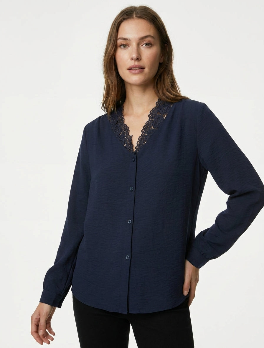 Blusa recta con cuello en V de encaje - Marine