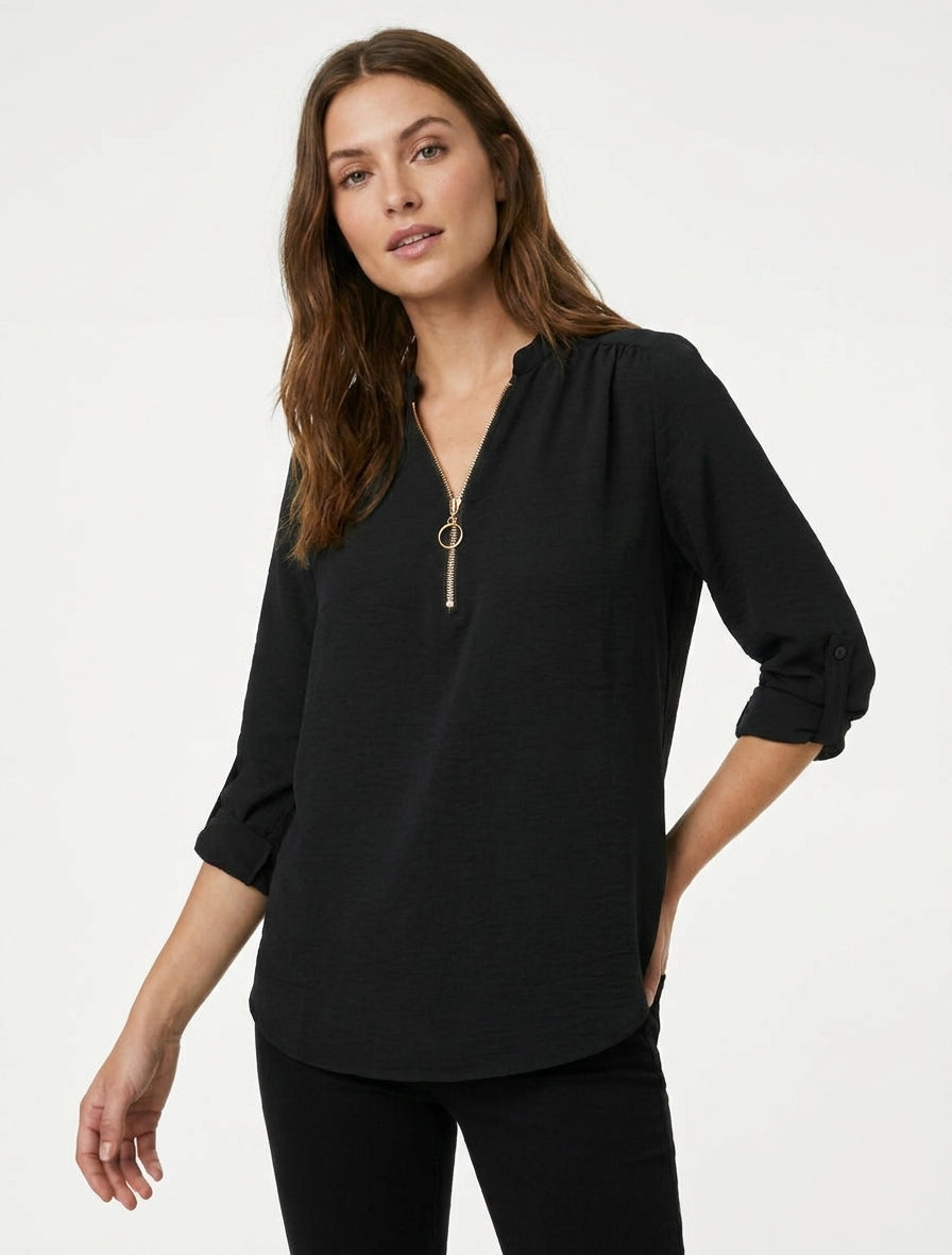 Top fluido con cuello de cremallera - Negro