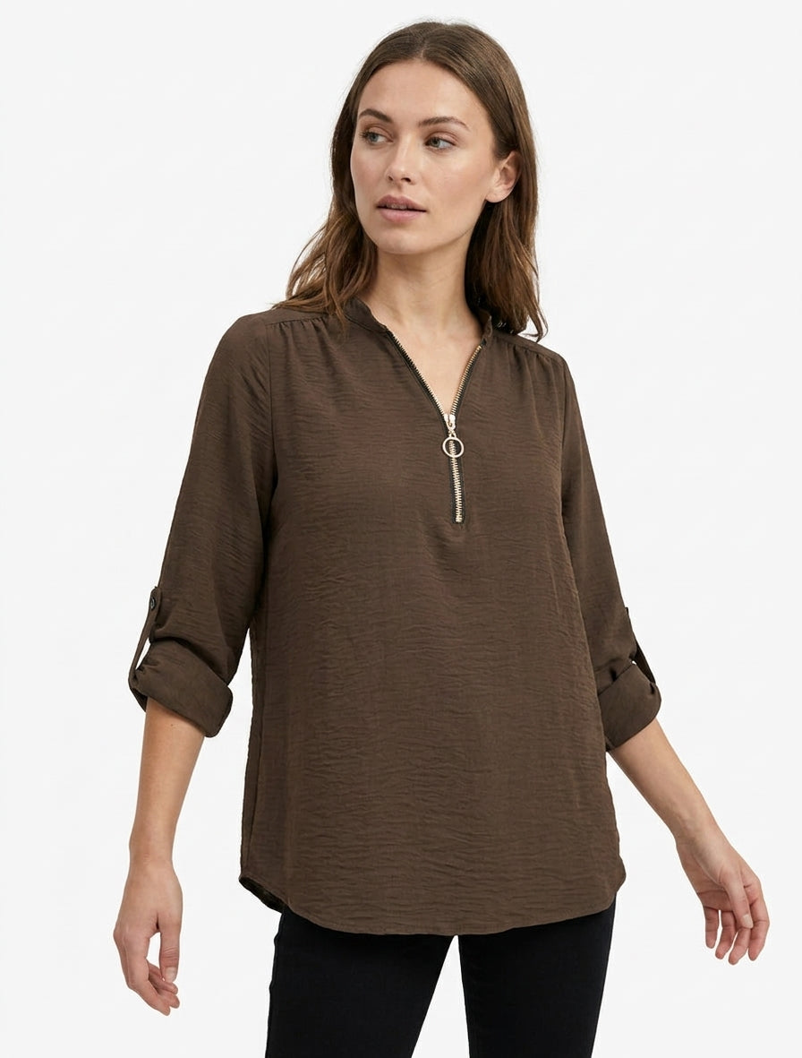 Top fluido con cuello de cremallera - Marrón
