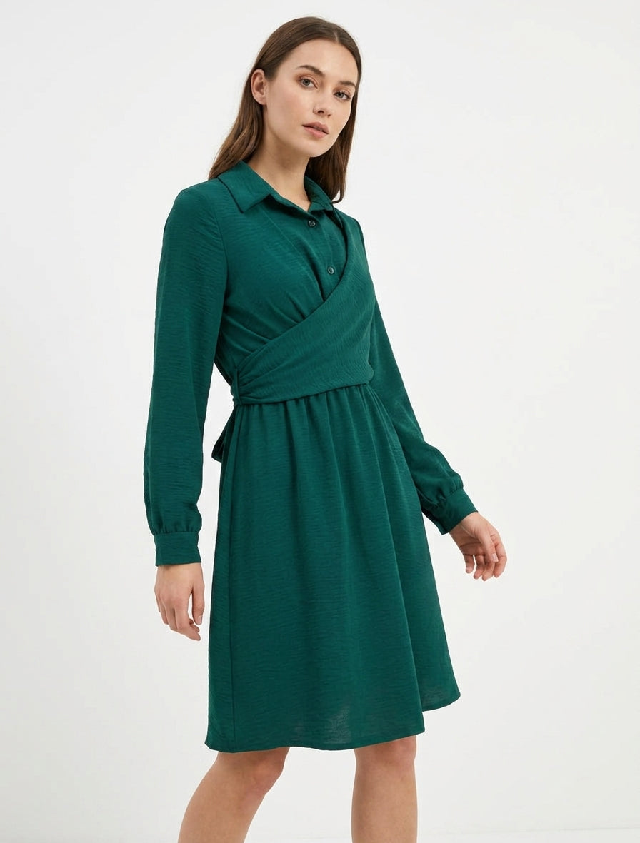 Vestido camisero con panel para anudar - Verde oscuro