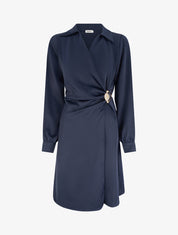 Robe portefeuille satinée à manches longues et bijou - Marine - 1