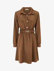 Robe satinée style chemise à manches longues - Camel - 1