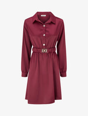 Robe satinée style chemise à manches longues - Lie de vin - 1