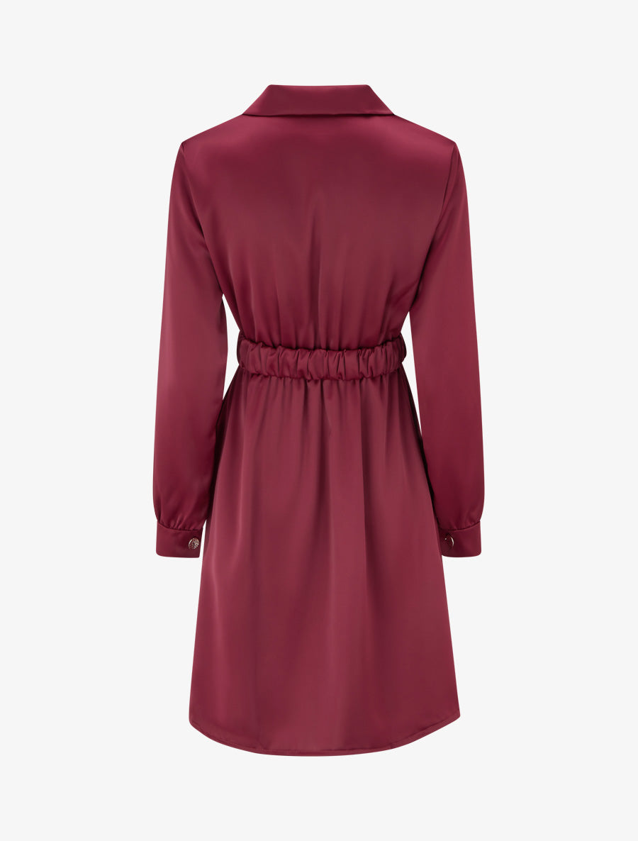 Robe satinée style chemise à manches longues - Lie de vin - 2