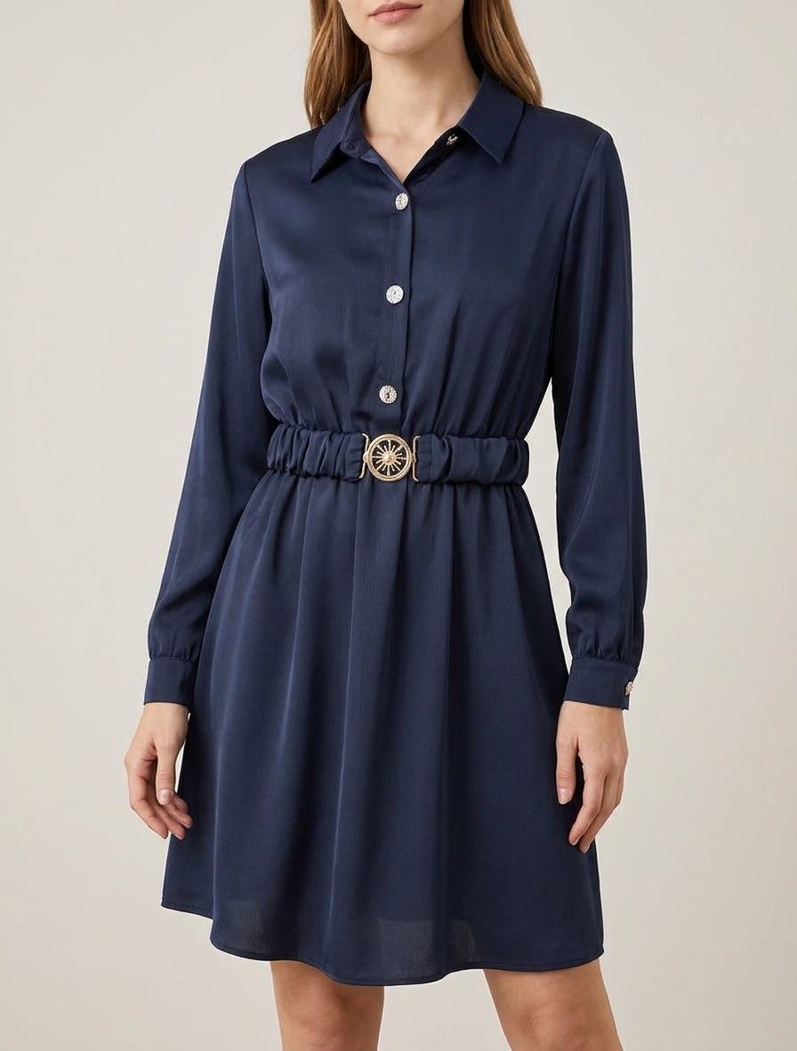 Vestido satinado estilo camisa con mangas largas - Marine