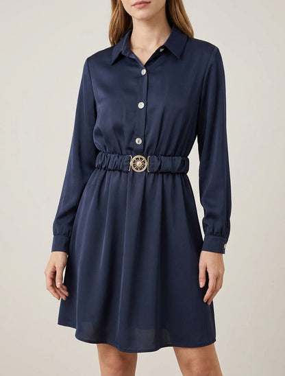 Vestido satinado estilo camisa con mangas largas - Marine