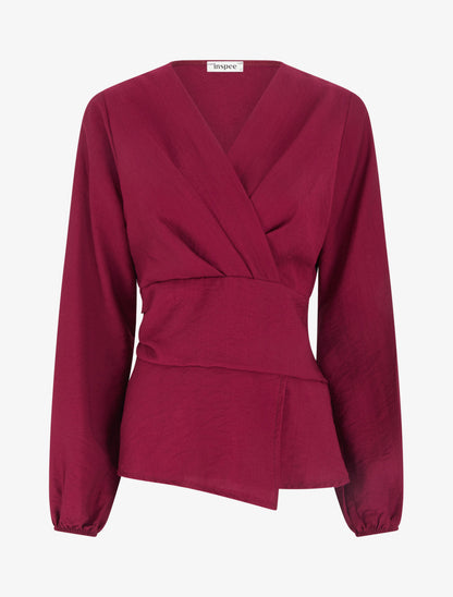 Blouse unie à col cache-coeur - Lie de vin - 1
