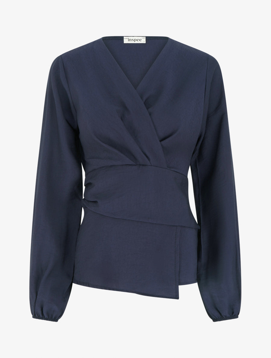Blouse unie à col cache-coeur - Marine - 1