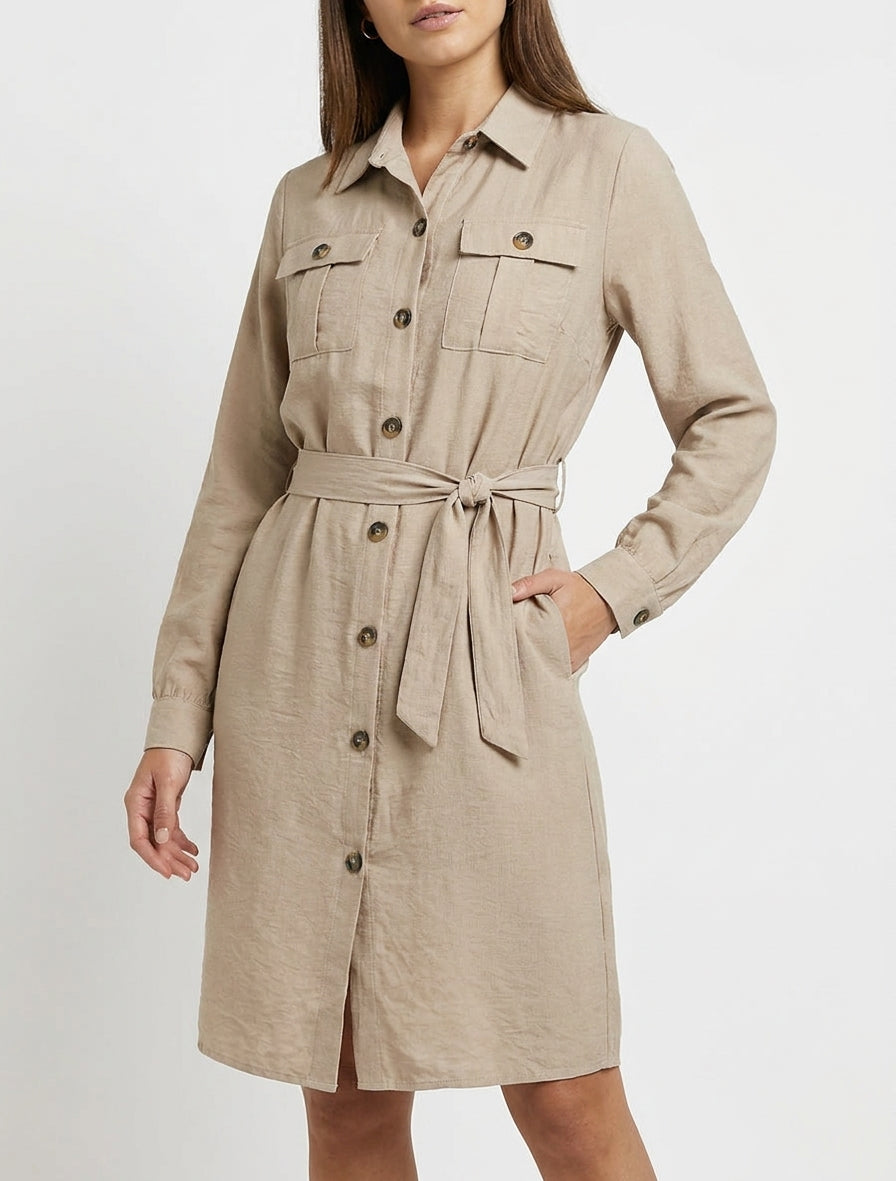 Vestido camisero liso para atar - Beis