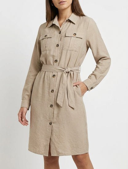 Vestido camisero liso para atar - Beis