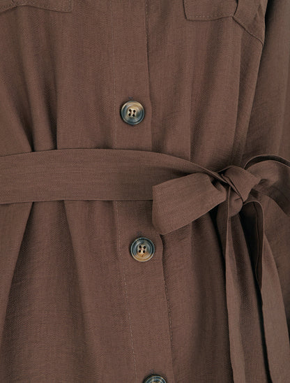 Robe chemise unie à nouer - Marron - 3