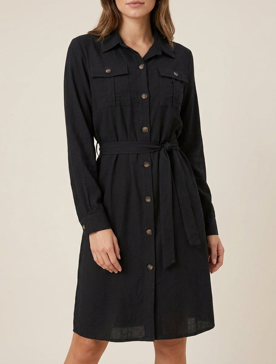 Vestido camisero liso para atar - Negro