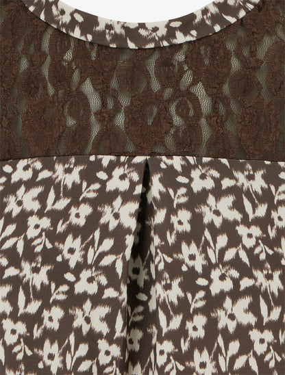 Top boule à col dentelle et imprimé fleuri abstrait - Marron - 3