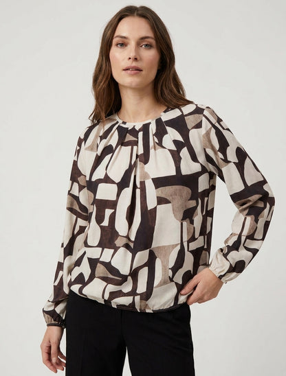 Blusa estampada retro con cuello redondo - Marrón
