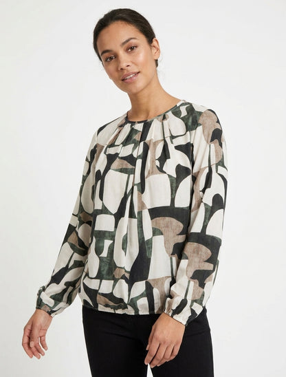 Blusa estampada retro con cuello redondo - Caqui