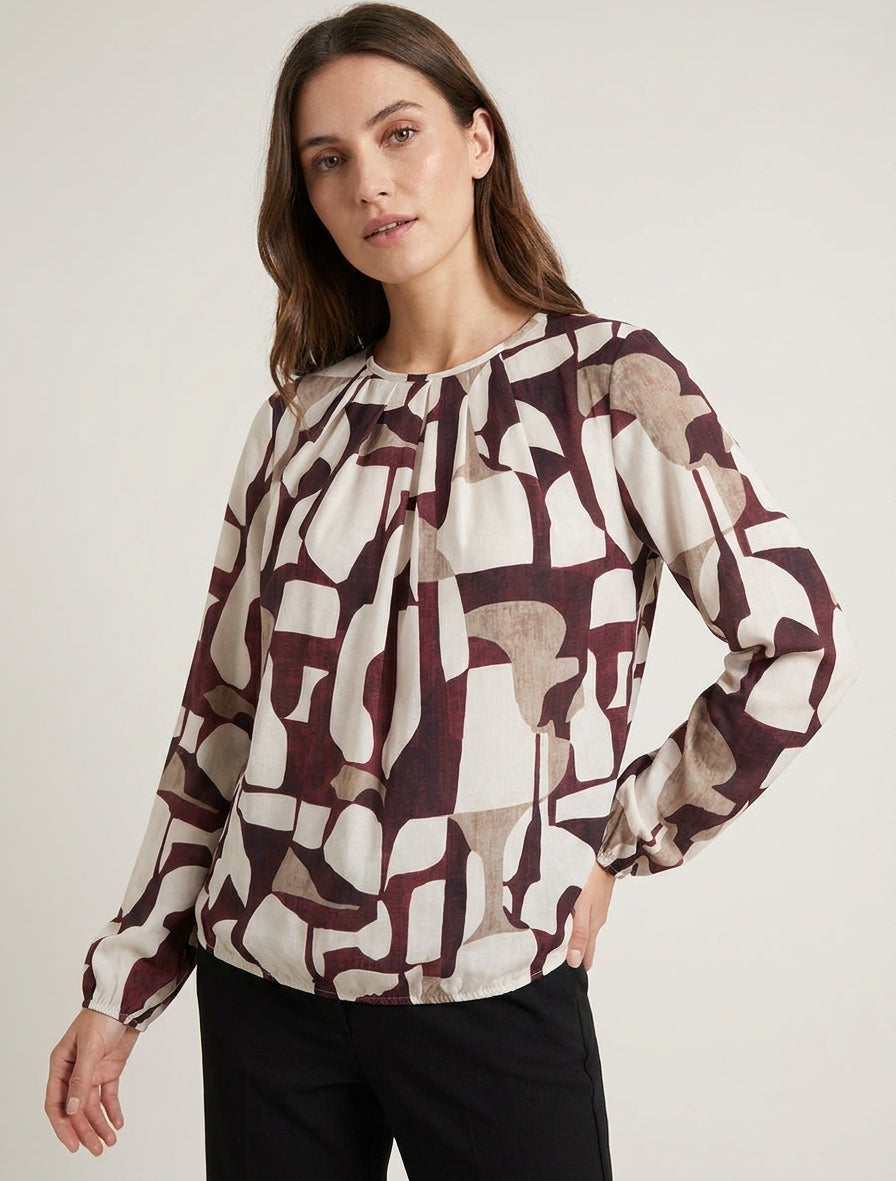 Blusa estampada retro con cuello redondo - Burdeos