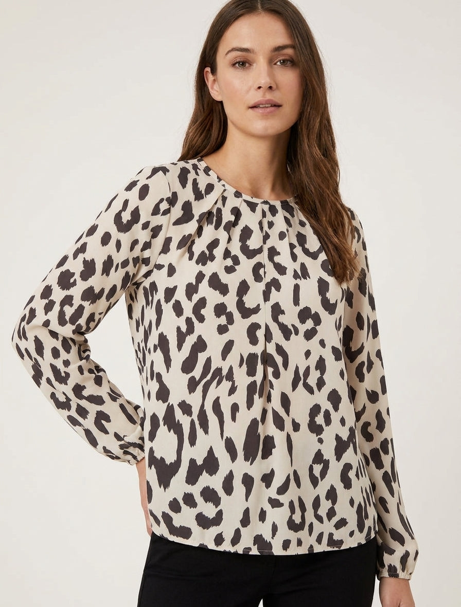 Blusa estampado de vaca con cuello redondo - Marrón