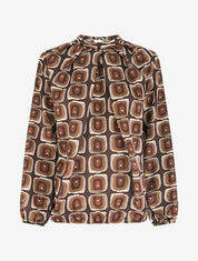 Blouse satiné imprimé rétro - Marron - 1