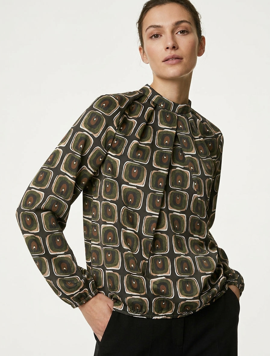Blusa satinada estampado retro - Caqui