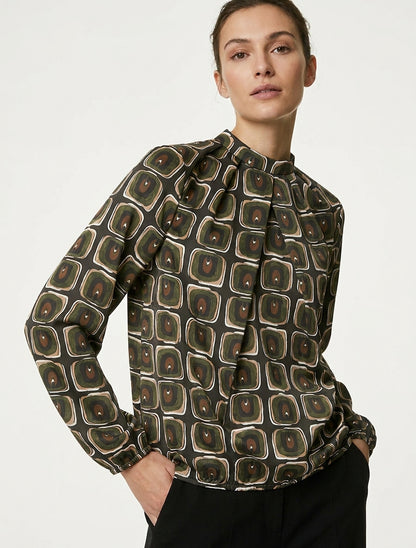 Blusa satinada estampado retro - Caqui