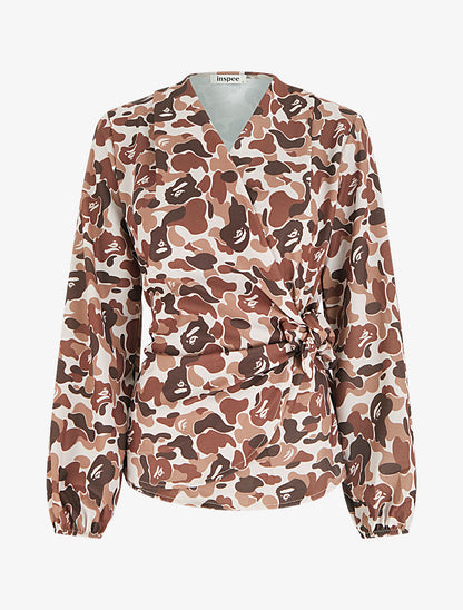 Blouse style portefeuille imprimée à col cache-coeur - Marron - 1
