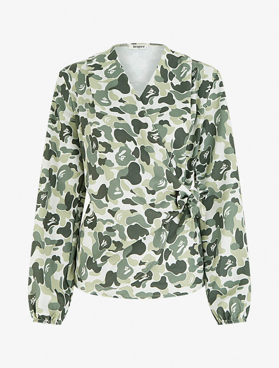Blouse style portefeuille imprimée à col cache-coeur - Kaki - 1