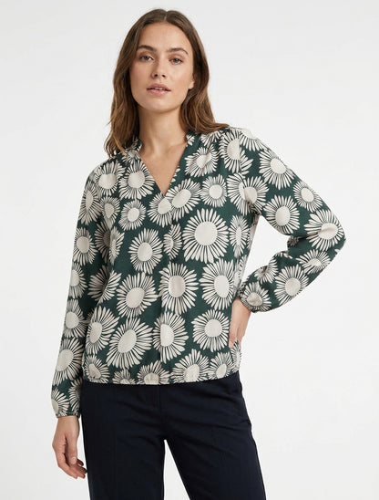 Blusa estampada de flores con puños elásticos. - Verde abeto