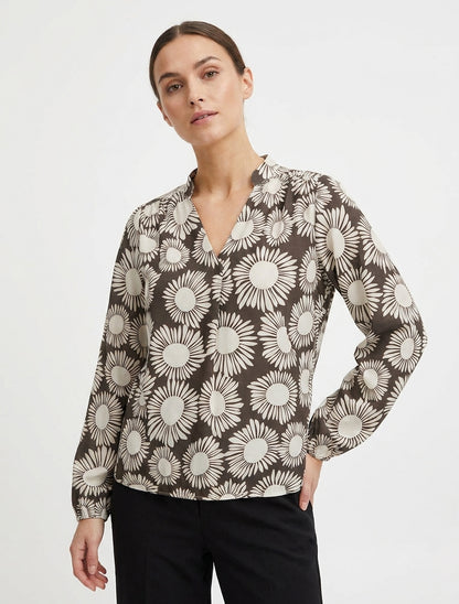 Blusa estampada de flores con puños elásticos. - Marrón