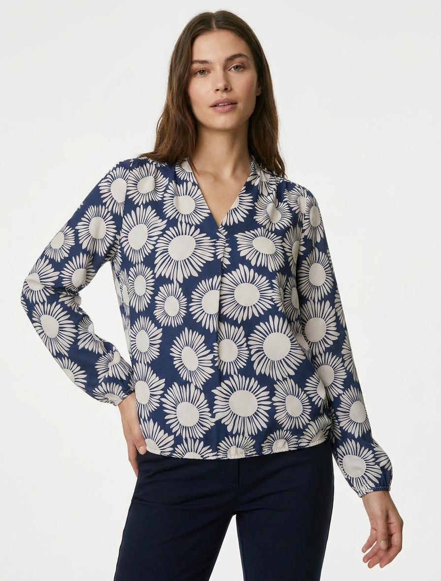 Blusa estampada de flores con puños elásticos. - Marine
