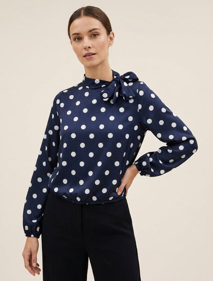 Top de satén con lazo y estampado de lunares - Marine