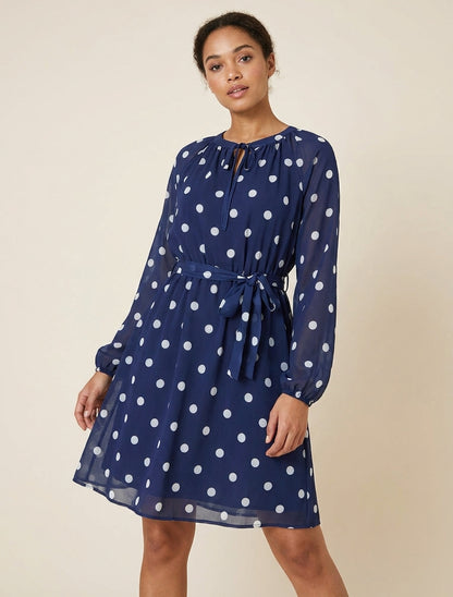 Vestido de lunares acampanado de manga larga - Marine