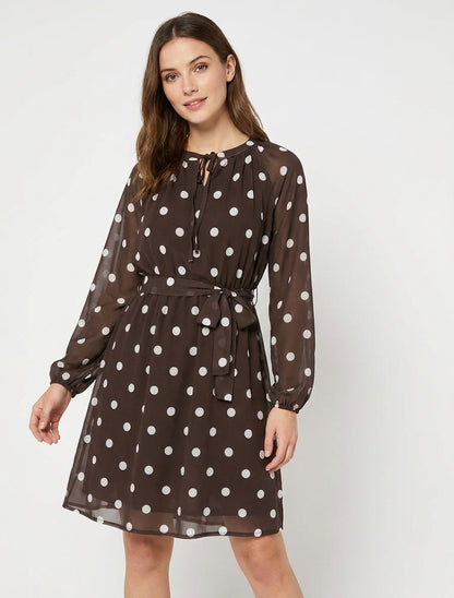 Vestido de lunares acampanado de manga larga - Marrón